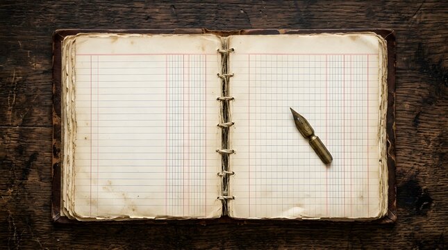 Open Antique Ledger Book with Blank Lined Pages and Vintage Fountain Pen on Rustic Wooden Desk Surface