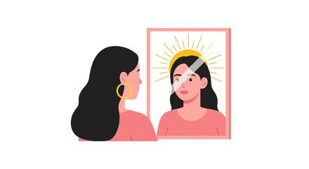 Fototapeta premium Self-Love and Empowerment Illustration: Woman Looking into Mirror Seeing a Divine Halo Reflection