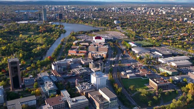 Aerial view of Ottawa Skyline over Carleton University and the Rideau River