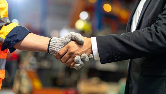 A close-up shot of two individuals, one in a suit and the other in work attire, shaking hands in a sign of agreement or partnership. The background suggests an industrial or manufacturing setting