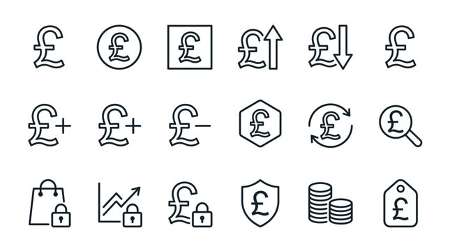 Set of various british pound sterling currency icons and symbols