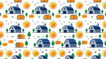 Farm barn and hay bale seamless pattern with sun and trees, flat design graphic element © kc