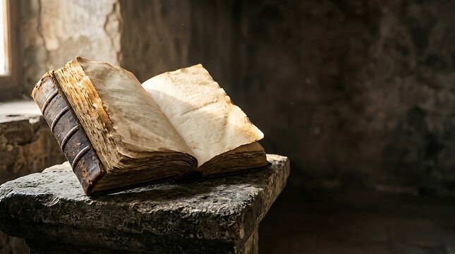 Ancient open book resting on a stone pedestal in dark room