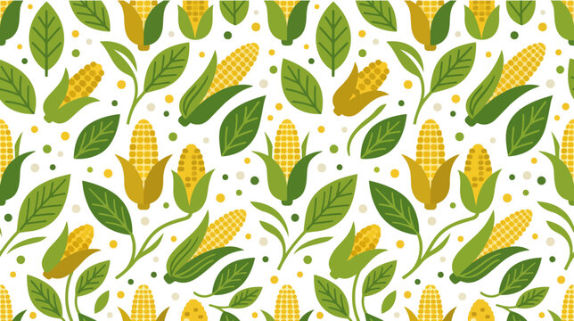 Seamless pattern of corn cobs and leaves in a flat cartoon style on a white background
