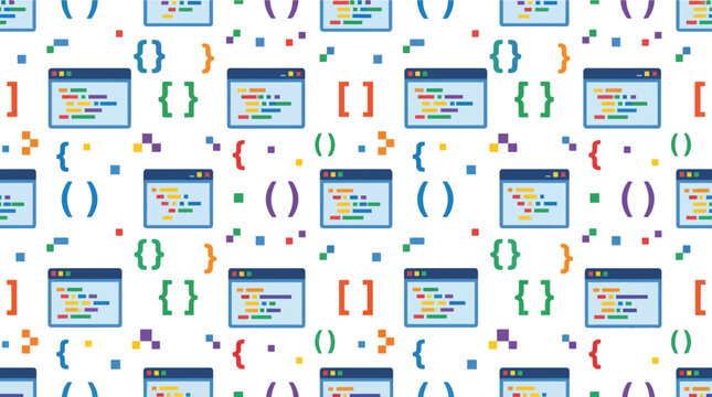 Coding pattern with colorful code windows, brackets, and pixels, flat vector graphic