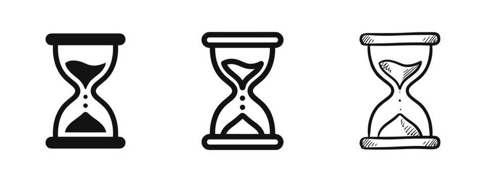 Hourglass Icons. Vector set for time measurement, deadlines, and temporal concepts in solid, outline, and hand-drawn styles.