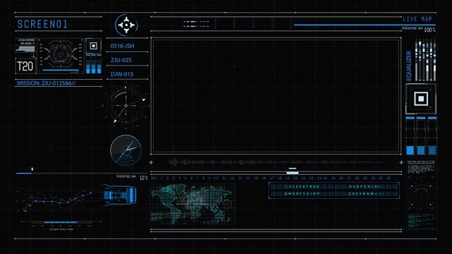 Advanced futuristic HUD (Heads-Up Display) interface featuring animated control panels, digital data visualization, holographic elements, and high-tech user interaction. Ideal for sci-fi technology, c