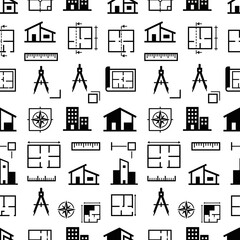 Fototapeta premium Architectural elements seamless pattern, blueprint icons, buildings, compass, ruler, drafting tools, black and white graphic