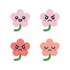 Fototapeta premium Spring Blossom Characters, Five Petal Flowers With Stems Smiles, Modern Colorful Style, Sticker Pack, Flat Vector Icons, Decorative Elements, Clipart