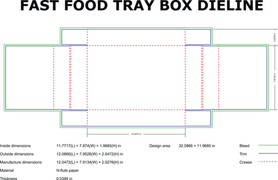 Fast food tray box technical die line dimensions with measurements packaging design food industry standards technical illustration sustainable food containers fast food branding