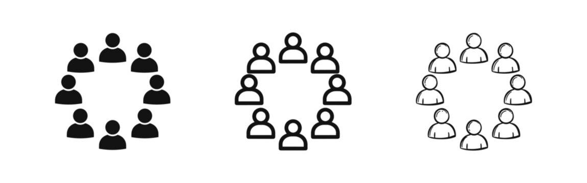 Group of people circle icon set, community and team symbol, social organization, hand drawn doodle sketch