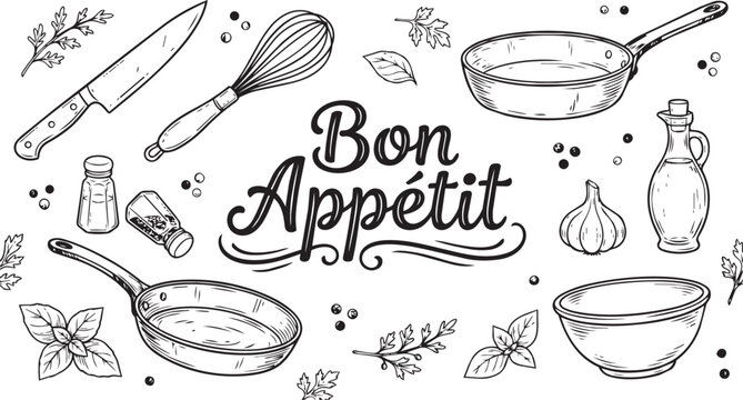 Bon Appetit Hand Drawn Kitchen Utensils Banner with Transparent Background
