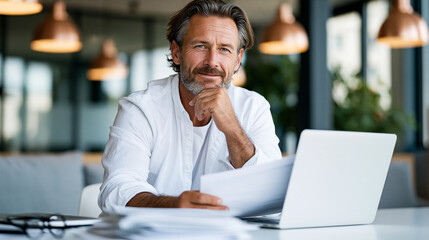 Obraz premium A male financial advisor works softly at a calm bright bank branch in soft daylight financial advisor open face bright office daylight workspace soft documents advisory