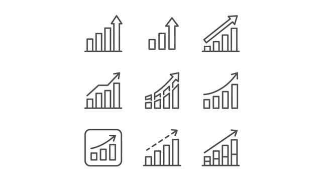 Set of rising bar charts and arrows indicating growth and progress