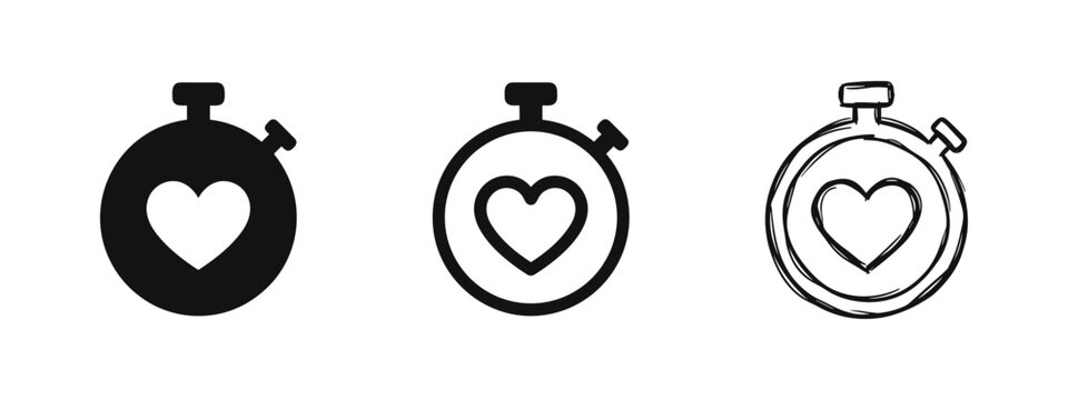 Stopwatch with heart icon set in three styles