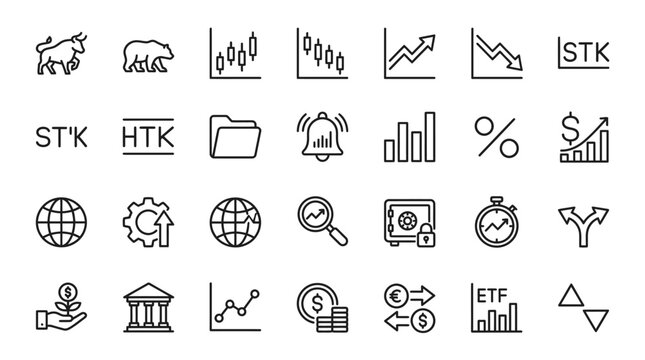 Stock market trading and finance icons set in black and white style