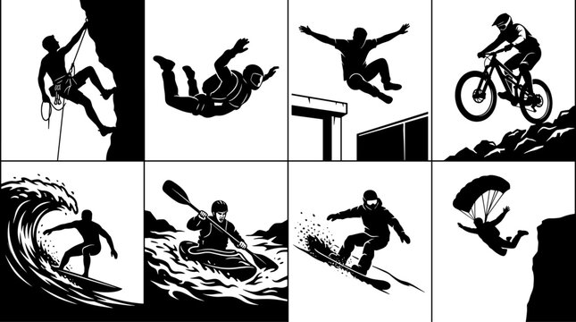 Extreme sports and outdoor adventure icon set featuring black vector silhouettes of rock climbing skydiving parkour mountain biking surfing kayaking snowboarding and base jumping