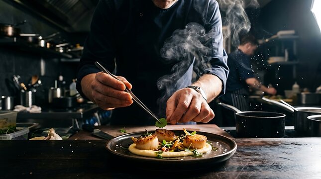 Chef plating gourmet seared scallops in a dark restaurant kitchen
