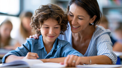 Obraz premium A teacher helps softly a calm student with a bright lesson at a desk in soft daylight lesson help open faces bright classroom daylight workspace soft notebook tutoring