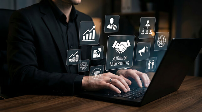 Affiliate marketing partnership concept with digital business icons and laptop