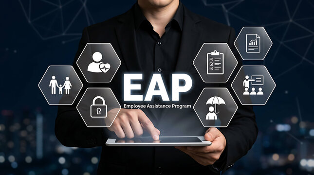 Employee Assistance Program EAP corporate support concept with tablet computer