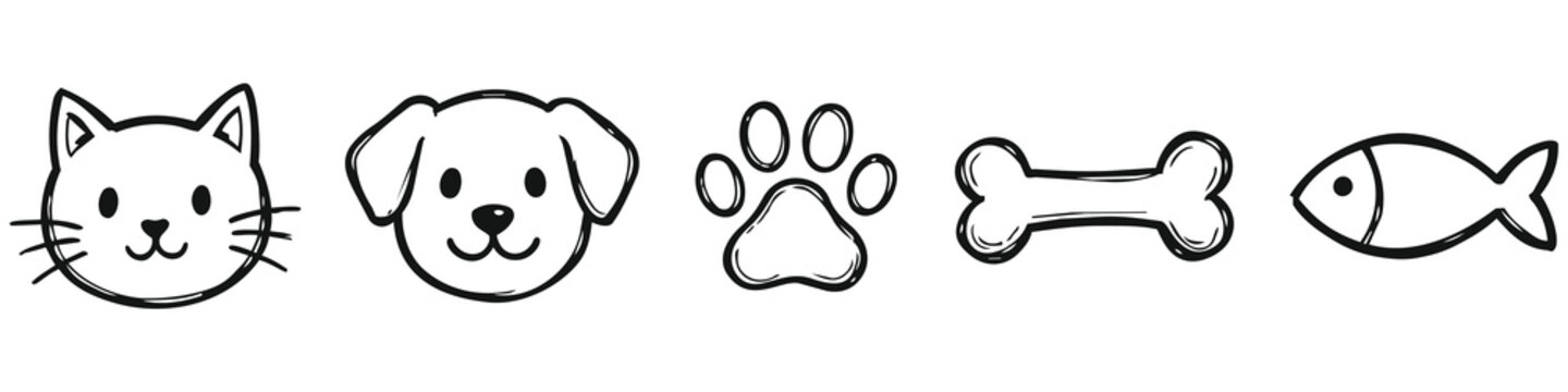 Cute Pet Outline Icon Collection Featuring Cat Dog Paw Print Bone Fish and Animal Care Symbols in Simple Linear Style
