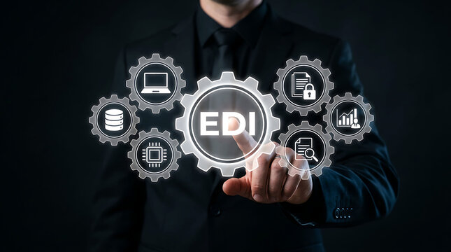 Manager pointing at EDI Electronic Data Interchange acronym icon with digital gears