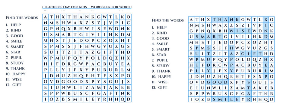 Word search puzzle with various words related to children's activities  
