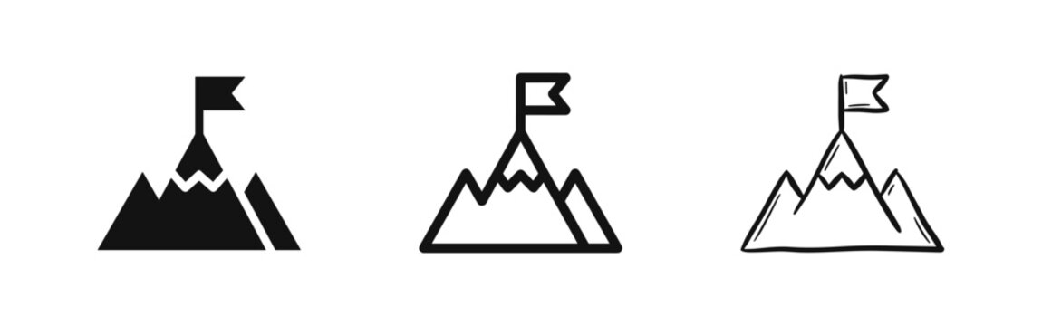 Flag on mountain peak icon set. Success, achievement, and goal accomplishment symbols in various styles.