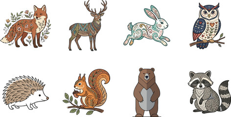 Obraz premium Woodland Animal Character Collection Vector Set with Fox Deer Rabbit Owl Hedgehog Squirrel Bear and Raccoon