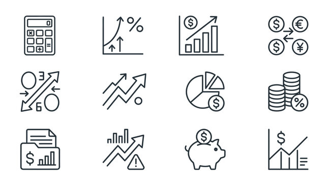 Financial and business icons depicting growth and data analysis