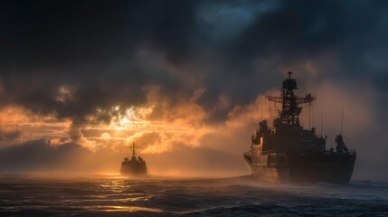 Obraz premium Dramatic Naval Vessels Silhouetted Against a Fiery Sunset Sky