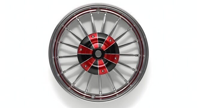 Custom chrome motorcycle wheel with black and red geometric center detail.