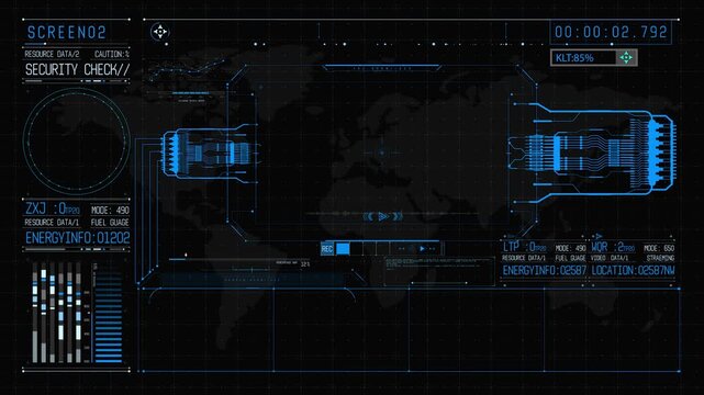 Advanced futuristic HUD (Heads-Up Display) interface featuring animated control panels, digital data visualization, holographic elements, and high-tech user interaction. Ideal for sci-fi technology, c
