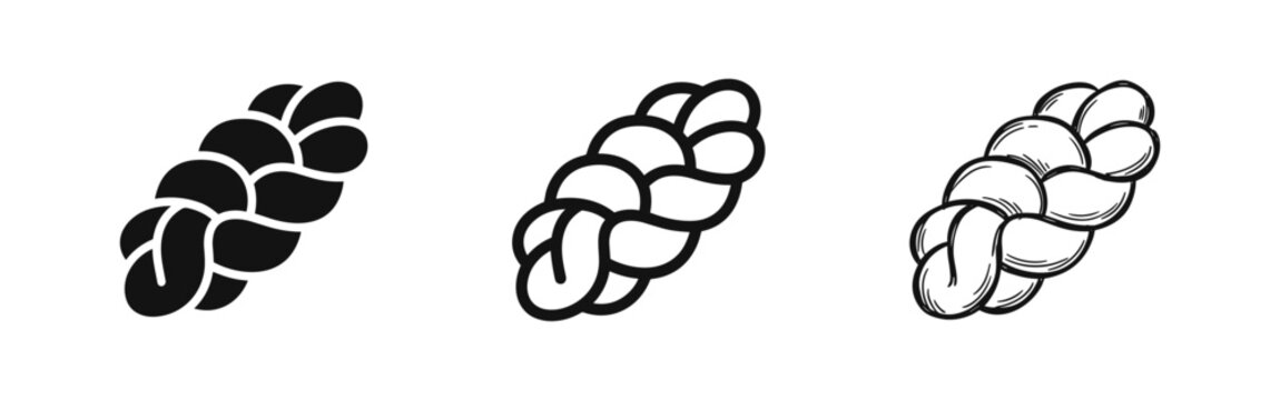 Braided icon set. Challah bread, plait, or woven pattern symbol in solid, outline, and hand-drawn doodle styles.