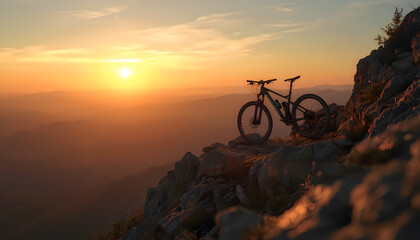 Fototapeta premium Mountain Bike Silhouette Against Beautiful Sunset Landscape