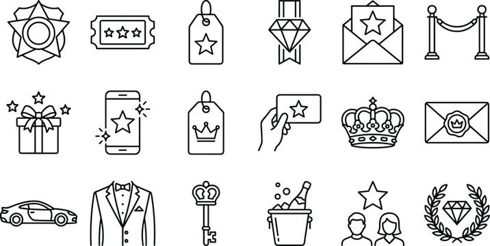 Luxury loyalty program and VIP rewards line icon set featuring crown, diamond, champagne, gift box, card, tuxedo, limousine, and star vector illustration