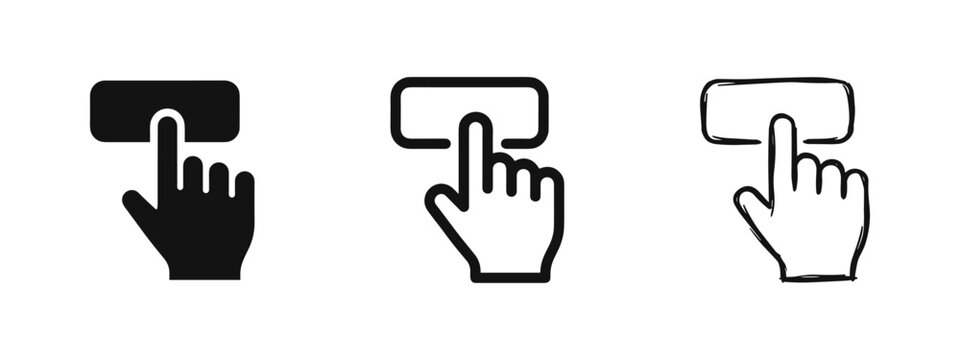 Hand Clicking Button Icons. Click, Press, and Interaction Symbol Set in Various Styles.