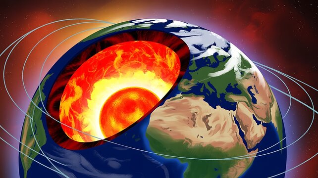 Earth's Core and Mantle: An illustrative cross-section of planet Earth reveals its incandescent core, molten mantle, and crust, encircled by magnetic field lines.