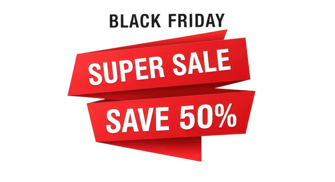 Black friday super sale save 50% red ribbon banner isolated on transparent background
