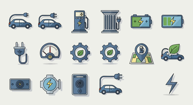 Electric Car Icons: Charging, Battery, Map, Gears, Speedometer