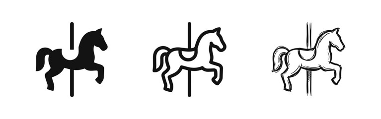 Classic Carousel Horse Icon Set in Solid, Outline, and Hand-Drawn Styles © drawing lines