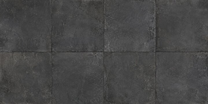 Seamless dark grey slate tile floor texture with square patterns and weathered stone surface details
