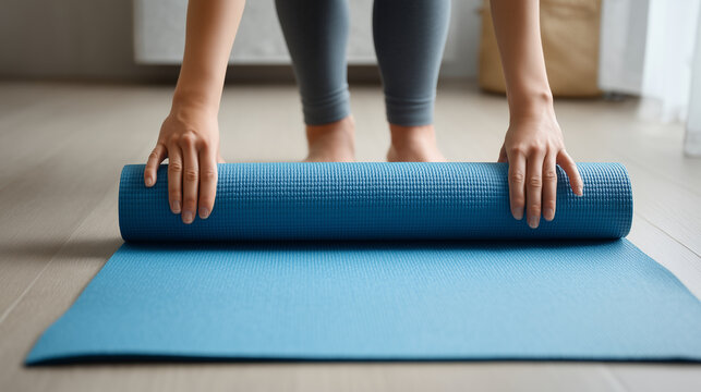 Woman rolling blue yoga mat at home, close up hands and bare feet, wellness morning routine, fitness preparation, mindfulness, pilates, healthy lifestyle, self care, home workout,