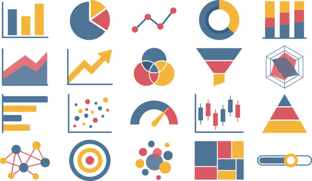 Business analytics and data visualization infographic icon set featuring bar charts pie diagrams funnel radar candlestick graph and pyramid vector illustration