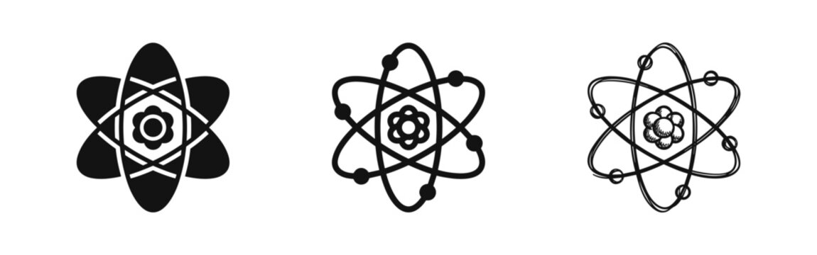 Atomic Structure Icon. Black Atom Symbol with Electron Orbitals Representing Science and Physics.
