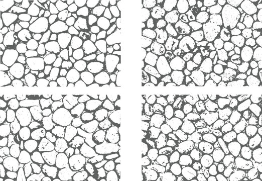 Seamless pattern of dark gray river rocks and pebbles repeated four times textured stone surface isolated on transparent background
