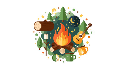 Obraz premium Outdoor Camping Adventure Flat Vector Illustration with Campfire, Guitar, Marshmallow, and Forest Elements