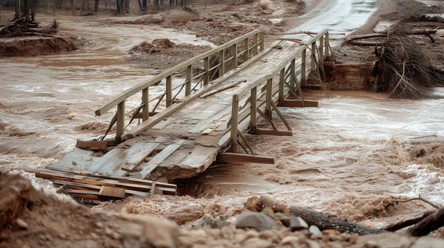 Flood Damaged Bridge Over Rushing River, Washed Out Road After Severe Storm, Climate Disaster And Infrastructure Failure Concept, Realistic Commercial Stock Photo flood damaged bri