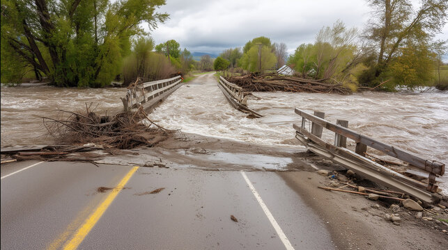 Collapsed Rural Bridge During Flash Flood, Muddy River Overflow And Road Damage, Extreme Weather Infrastructure Disaster, Realistic Documentary Commercial Stock Photo collapsed bri